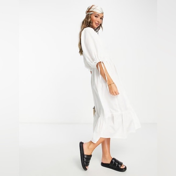 Cotton Balloon Sleeve Maxi Midi Boho Shirred Square Neckline Summer Ruffle Dress - Picture 13 of 14